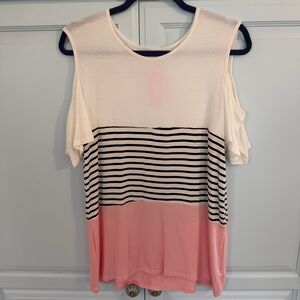 Brand New Pink and White Striped Cold Shoulder Top Size L